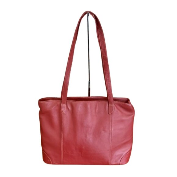 Piel Briefcase Red Leather Shoulder Bag Laptop Double Compartment Carry On - Picture 1 of 15